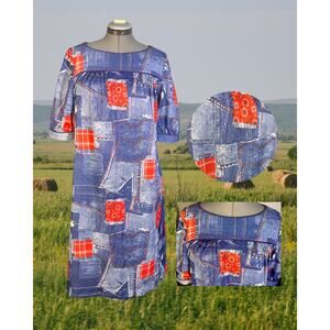 Volup Vintage 70s Country Patchwork Denim Print Shift Knee Length Dress 1X